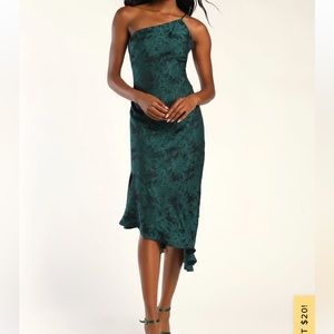 Sweet and Stylish Emerald Jacquard One-Shoulder Midi Dress